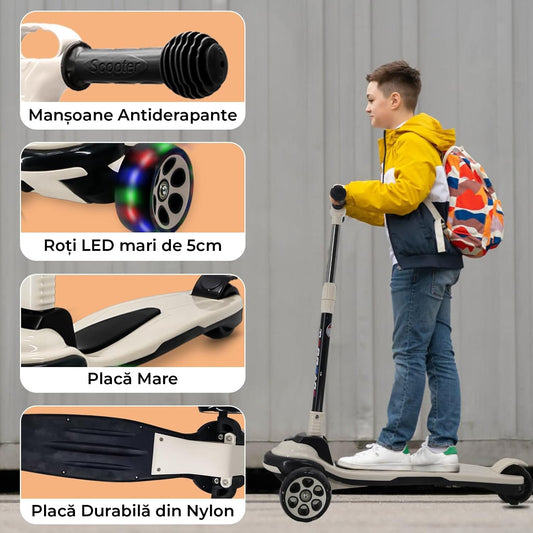 Trotinetă Copii cu Roți Luminoase, 5+ Ani, 150 kg, Alb