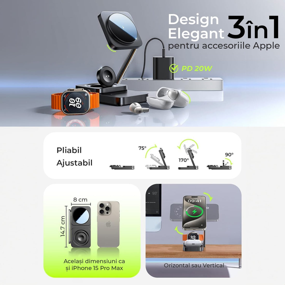 Încărcător Wireless 3 în 1 Pliabil, Reglabil, pentru Apple, Magsafe, 20W, Negru