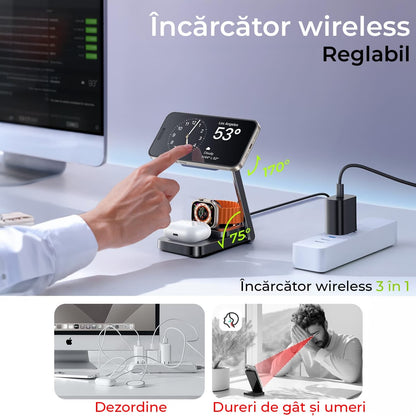 Încărcător Wireless 3 în 1 Pliabil, Reglabil, pentru Apple, Magsafe, 20W, Negru