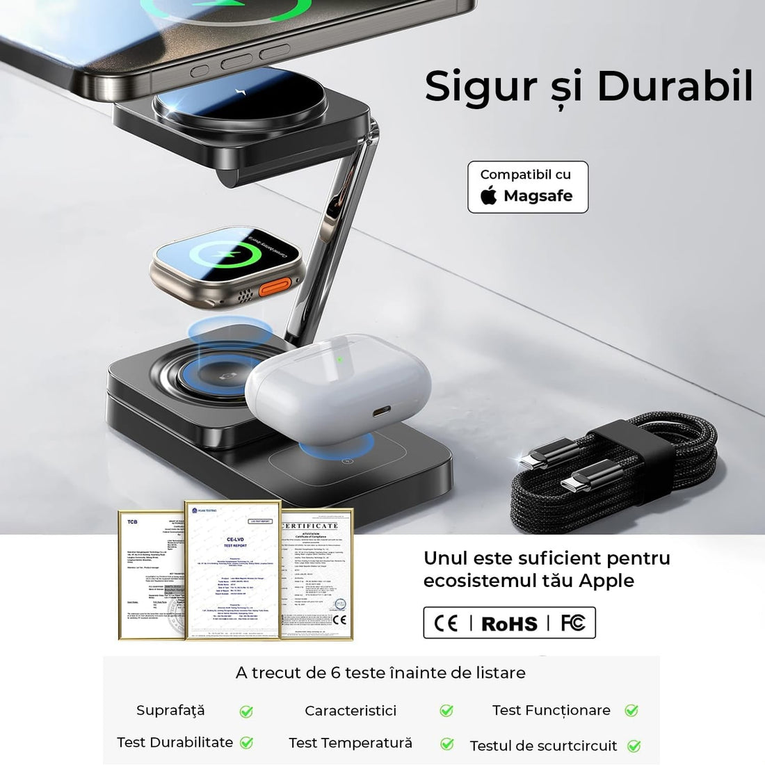 Încărcător Wireless 3 în 1 Pliabil, Reglabil, pentru Apple, Magsafe, 20W, Negru