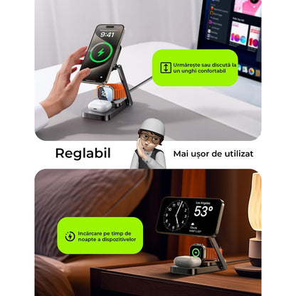 Încărcător Wireless 3 în 1 Pliabil, Reglabil, pentru Apple, Magsafe, 20W, Negru