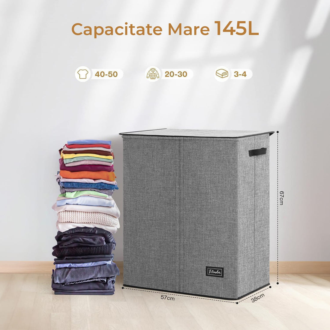 Coș de Rufe Pliabil Elindor, cu Capac și Saci Detașabili, 2 Compartimente, 145 L, 57 x 38 x 67 cm, Material Oxford, Gri