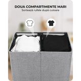 Coș de Rufe Pliabil Elindor, cu Capac și Saci Detașabili, 2 Compartimente, 145 L, 57 x 38 x 67 cm, Material Oxford, Gri