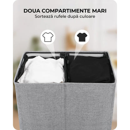 Coș de Rufe Pliabil Elindor, cu Capac și Saci Detașabili, 2 Compartimente, 145 L, 57 x 38 x 67 cm, Material Oxford, Gri