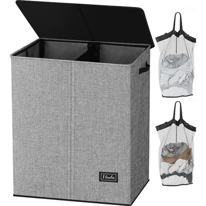 Coș de Rufe Pliabil Elindor, cu Capac și Saci Detașabili, 2 Compartimente, 145 L, 57 x 38 x 67 cm, Material Oxford, Gri