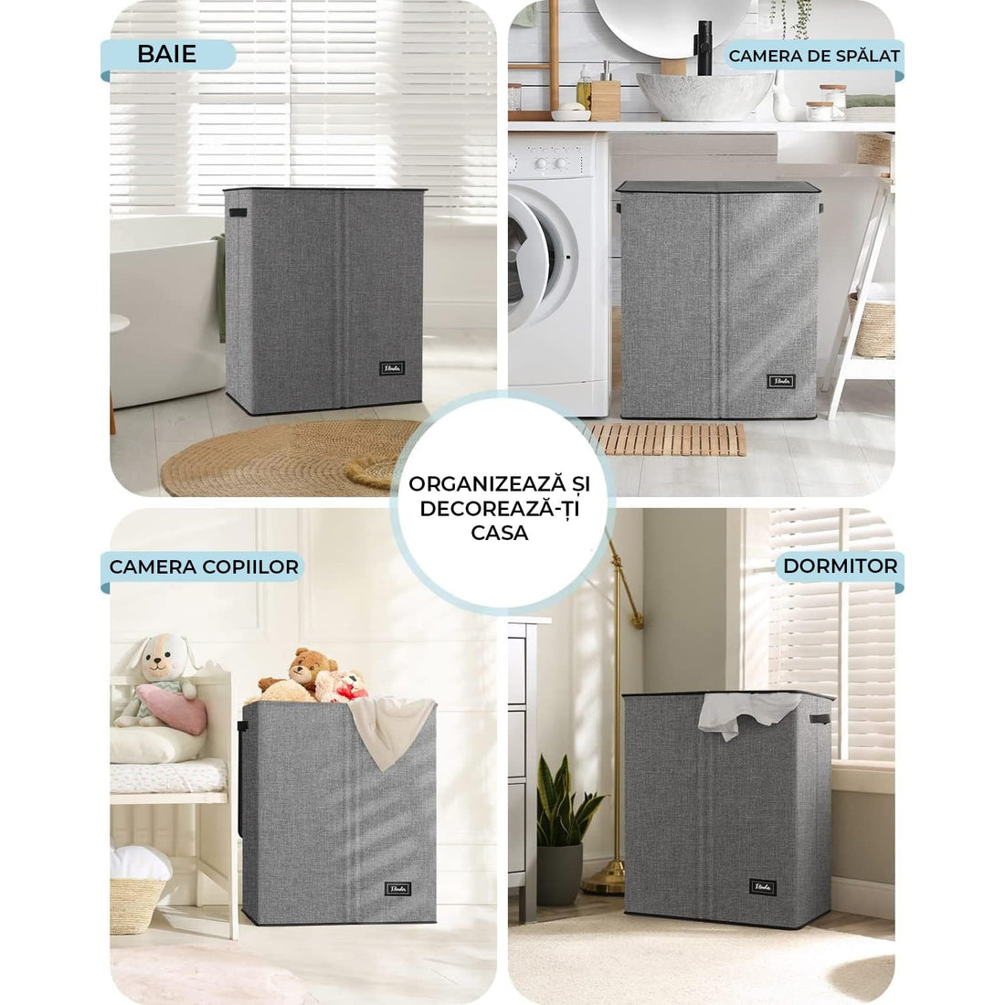 Coș de Rufe Pliabil Elindor, cu Capac și Saci Detașabili, 2 Compartimente, 145 L, 57 x 38 x 67 cm, Material Oxford, Gri