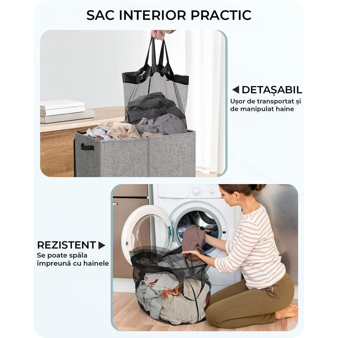 Coș de Rufe Pliabil Elindor, cu Capac și Saci Detașabili, 2 Compartimente, 145 L, 57 x 38 x 67 cm, Material Oxford, Gri