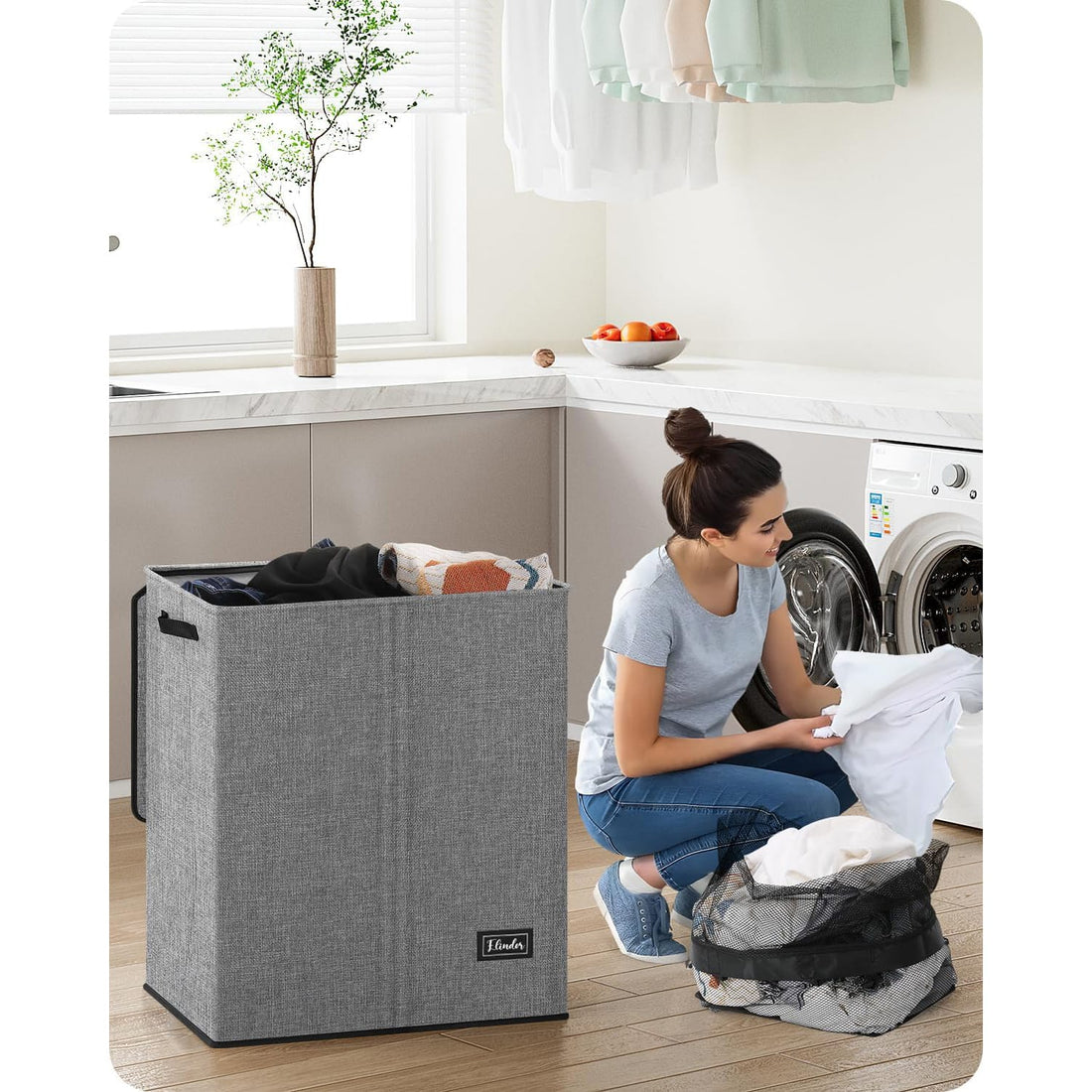 Coș de Rufe Pliabil Elindor, cu Capac și Saci Detașabili, 2 Compartimente, 145 L, 57 x 38 x 67 cm, Material Oxford, Gri