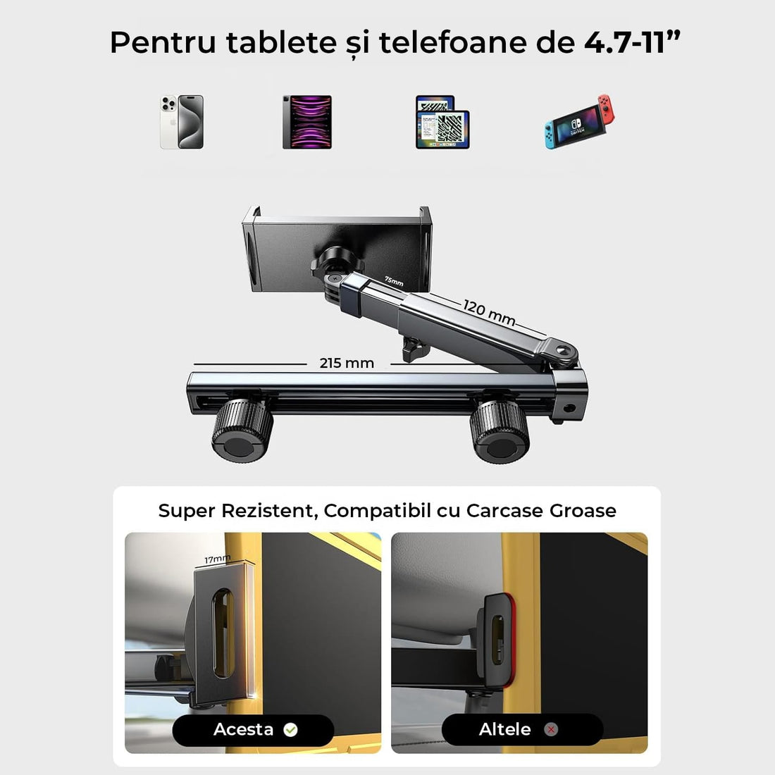Suport auto pentru tabletă și telefon, 4.7-11 inch, cu braț extensibil și rotație 360°, ideal pentru copii și adulți, Negru.