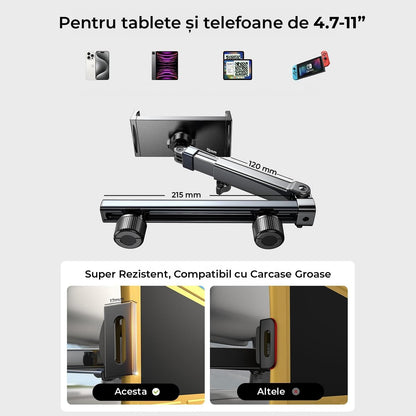 Suport auto pentru tabletă și telefon, 4.7-11 inch, cu braț extensibil și rotație 360°, ideal pentru copii și adulți, Negru.