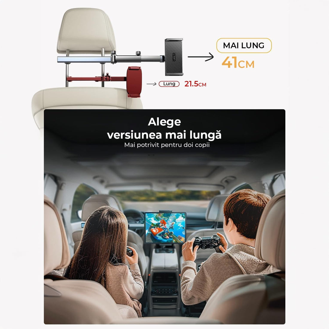 Suport auto pentru tabletă și telefon, 4.7-11 inch, cu braț extensibil și rotație 360°, ideal pentru copii și adulți, Negru.