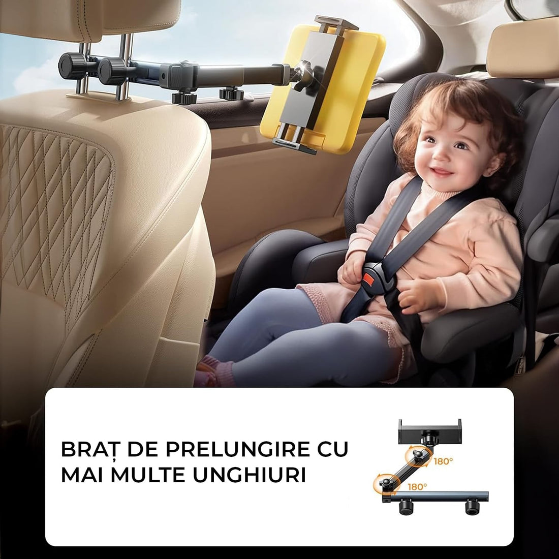 Suport auto pentru tabletă și telefon, 4.7-11 inch, cu braț extensibil și rotație 360°, ideal pentru copii și adulți, Negru.