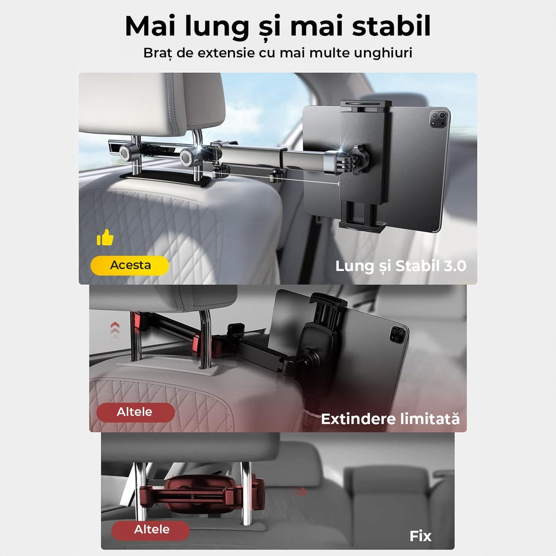 Suport auto pentru tabletă și telefon, 4.7-11 inch, cu braț extensibil și rotație 360°, ideal pentru copii și adulți, Negru.