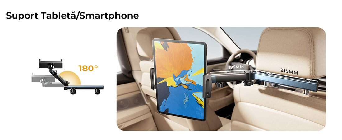 Suport auto pentru tabletă și telefon, 4.7-11 inch, cu braț extensibil și rotație 360°, ideal pentru copii și adulți, Negru.