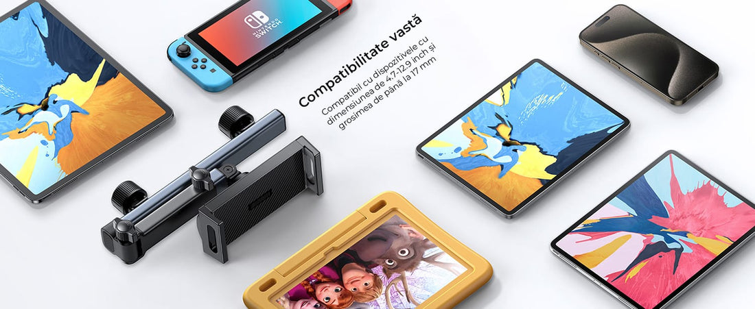 Suport auto pentru tabletă și telefon, 4.7-11 inch, cu braț extensibil și rotație 360°, ideal pentru copii și adulți, Negru.