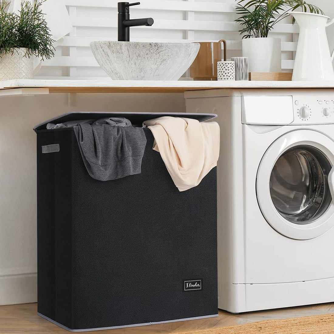 Coș de Rufe Pliabil Elindor, cu Capac și Saci Detasabili, 2 Compartimente, 145 L, 57 x 38 x 67 cm, Material Oxford, Negru