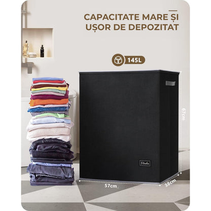 Coș de Rufe Pliabil Elindor, cu Capac și Saci Detasabili, 2 Compartimente, 145 L, 57 x 38 x 67 cm, Material Oxford, Negru