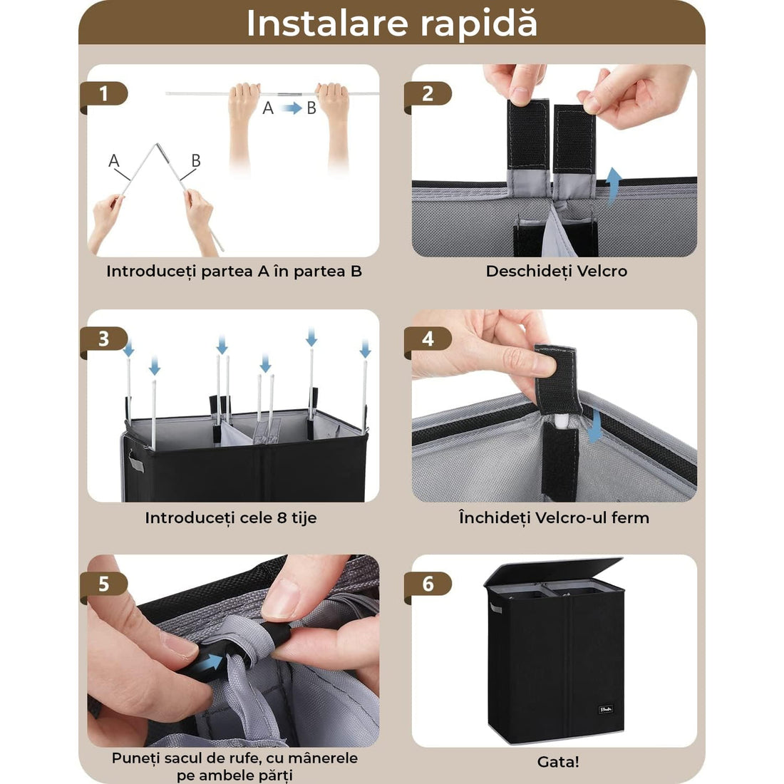 Coș de Rufe Pliabil Elindor, cu Capac și Saci Detasabili, 2 Compartimente, 145 L, 57 x 38 x 67 cm, Material Oxford, Negru