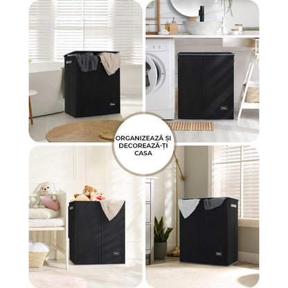 Coș de Rufe Pliabil Elindor, cu Capac și Saci Detasabili, 2 Compartimente, 145 L, 57 x 38 x 67 cm, Material Oxford, Negru