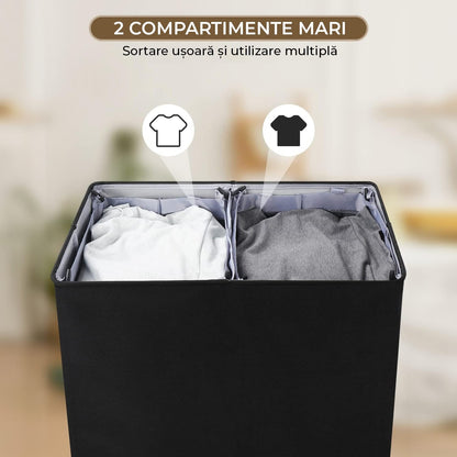 Coș de Rufe Pliabil Elindor, cu Capac și Saci Detasabili, 2 Compartimente, 145 L, 57 x 38 x 67 cm, Material Oxford, Negru