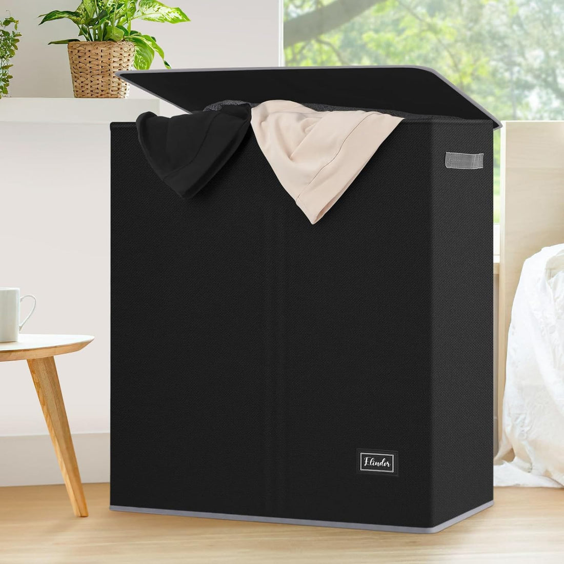 Coș de Rufe Pliabil Elindor, cu Capac și Saci Detasabili, 2 Compartimente, 145 L, 57 x 38 x 67 cm, Material Oxford, Negru