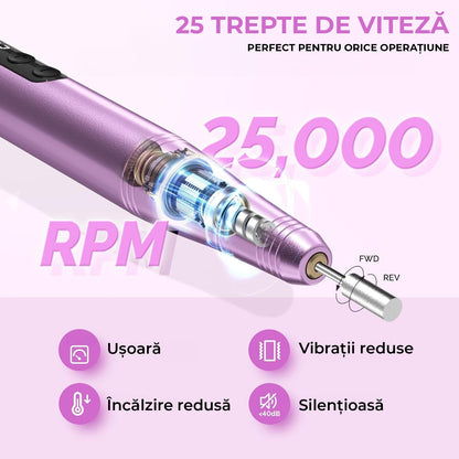 Freză unghii wireless, 11 biți, 25.000 RPM, 25 trepte, mov