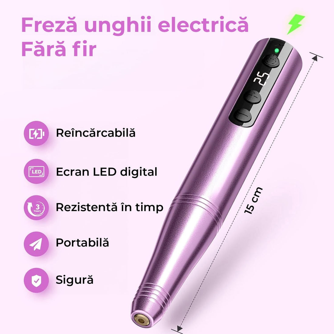 Freză unghii wireless, 11 biți, 25.000 RPM, 25 trepte, mov