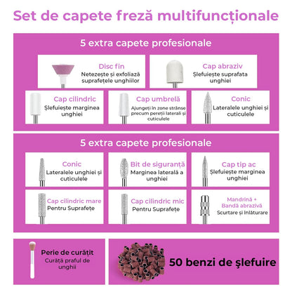 Freză unghii wireless, 11 biți, 25.000 RPM, 25 trepte, mov