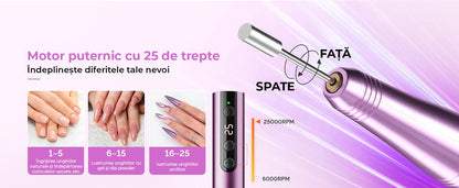 Freză unghii wireless, 11 biți, 25.000 RPM, 25 trepte, mov