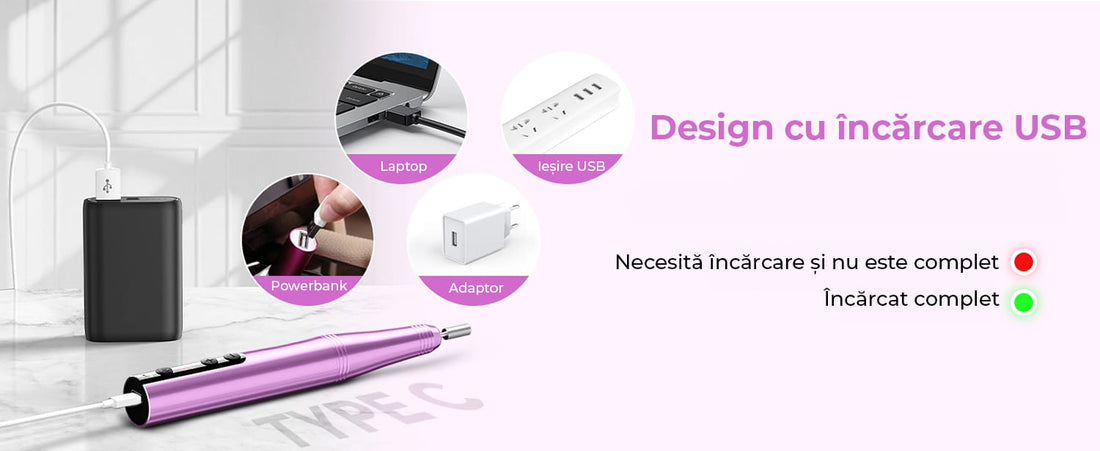 Freză unghii wireless, 11 biți, 25.000 RPM, 25 trepte, mov