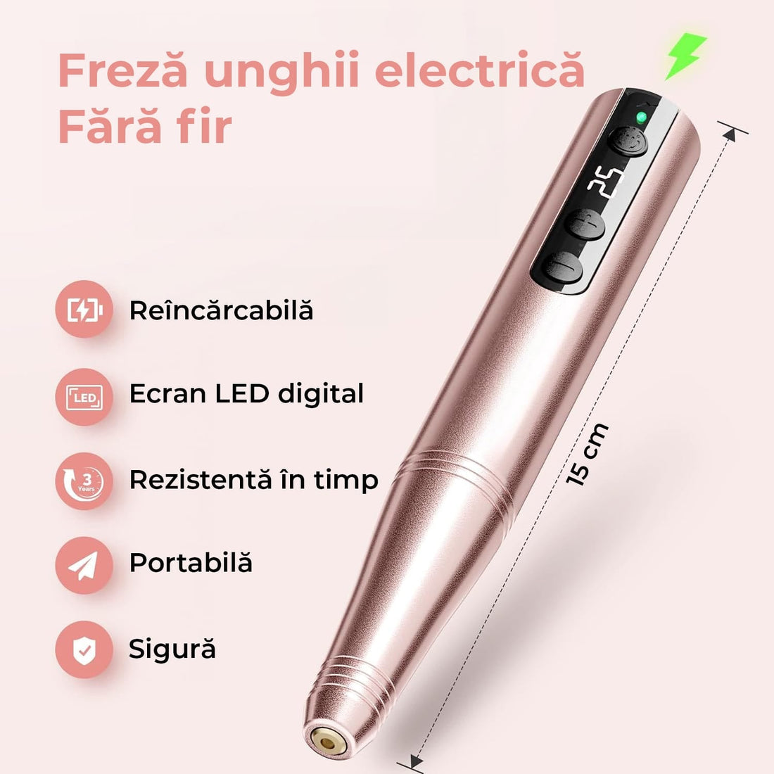 Freză unghii wireless, 11 biți, 25.000 RPM, 25 trepte, auriu