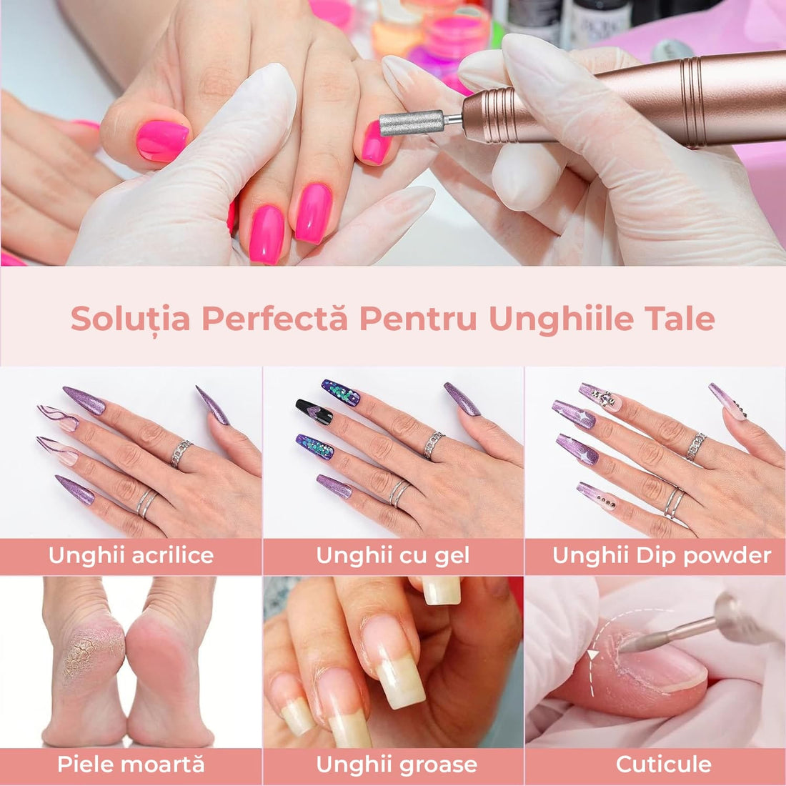 Freză unghii wireless, 11 biți, 25.000 RPM, 25 trepte, auriu