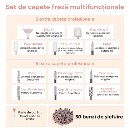 Freză unghii wireless, 11 biți, 25.000 RPM, 25 trepte, auriu