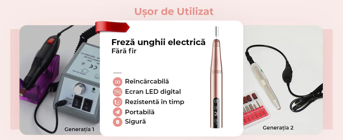 Freză unghii wireless, 11 biți, 25.000 RPM, 25 trepte, auriu