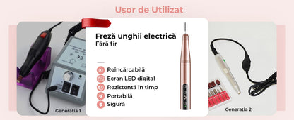 Freză unghii wireless, 11 biți, 25.000 RPM, 25 trepte, auriu