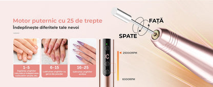 Freză unghii wireless, 11 biți, 25.000 RPM, 25 trepte, auriu
