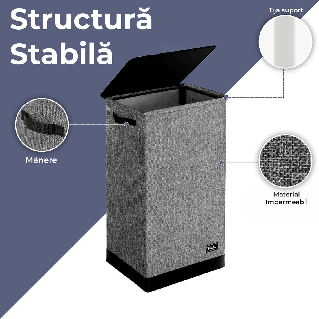 Coș de Rufe Pliabil Elindor, cu Capac și Sac Detasabil, 100 L, 41 x 31 x 76 cm, Impermeabil, Negru