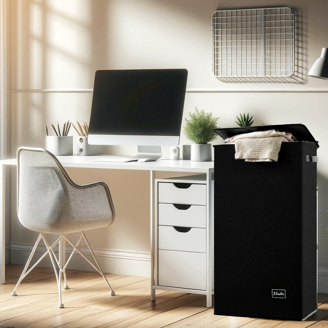 Coș de Rufe Pliabil Elindor, cu Capac și Sac Detasabil, 100 L, 41 x 31 x 76 cm, Impermeabil, Negru