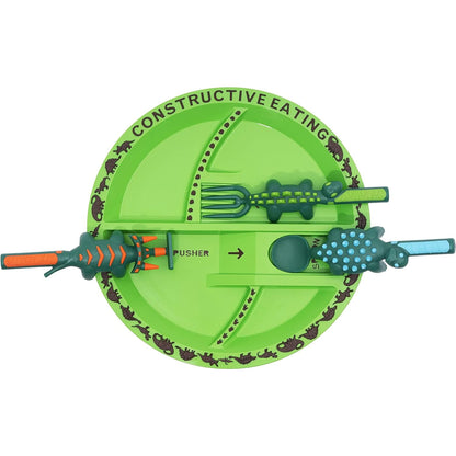 Set masă și tacâmuri copii Elindor® – Farfurie cu 5 compartimente, furculiță și linguriță, 4 piese, Dinozauri