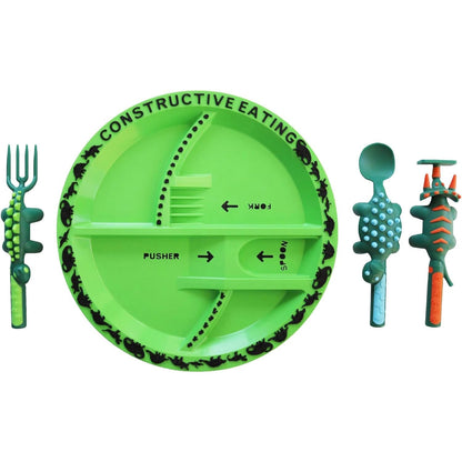 Set masă și tacâmuri copii Elindor® – Farfurie cu 5 compartimente, furculiță și linguriță, 4 piese, Dinozauri