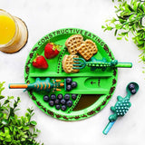 Set masă și tacâmuri copii Elindor® – Farfurie cu 5 compartimente, furculiță și linguriță, 4 piese, Dinozauri