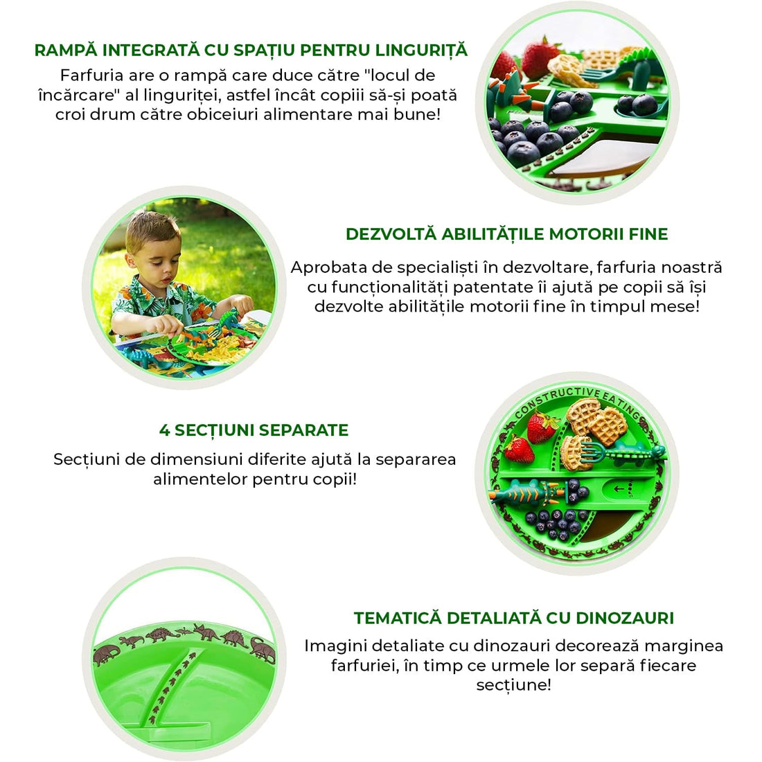 Set masă și tacâmuri copii Elindor® – Farfurie cu 5 compartimente, furculiță și linguriță, 4 piese, Dinozauri