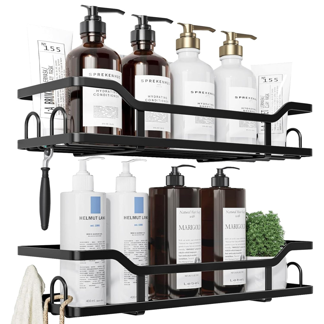 Raft pentru Duș și Organizator de Baie, Set de 2 Rafturi cu Prindere Adezivă, Ideal pentru Depozitare în Bucătărie și Baie, Negru