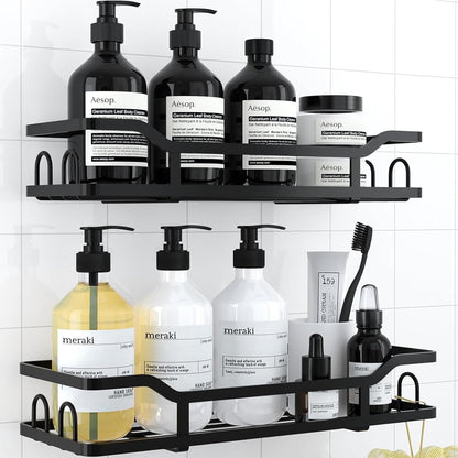 Raft pentru Duș și Organizator de Baie, Set de 2 Rafturi cu Prindere Adezivă, Ideal pentru Depozitare în Bucătărie și Baie, Negru