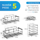 Raft pentru Duș și Organizator de Baie, Set de 5 Bucăți, Oțel Inoxidabil, Cu Adeziv, Fără Găuri, Argintiu