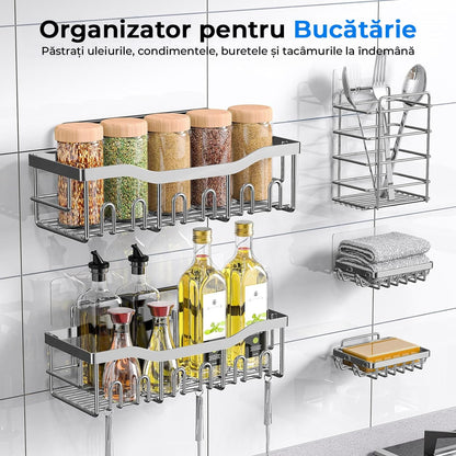 Raft pentru Duș și Organizator de Baie, Set de 5 Bucăți, Oțel Inoxidabil, Cu Adeziv, Fără Găuri, Argintiu
