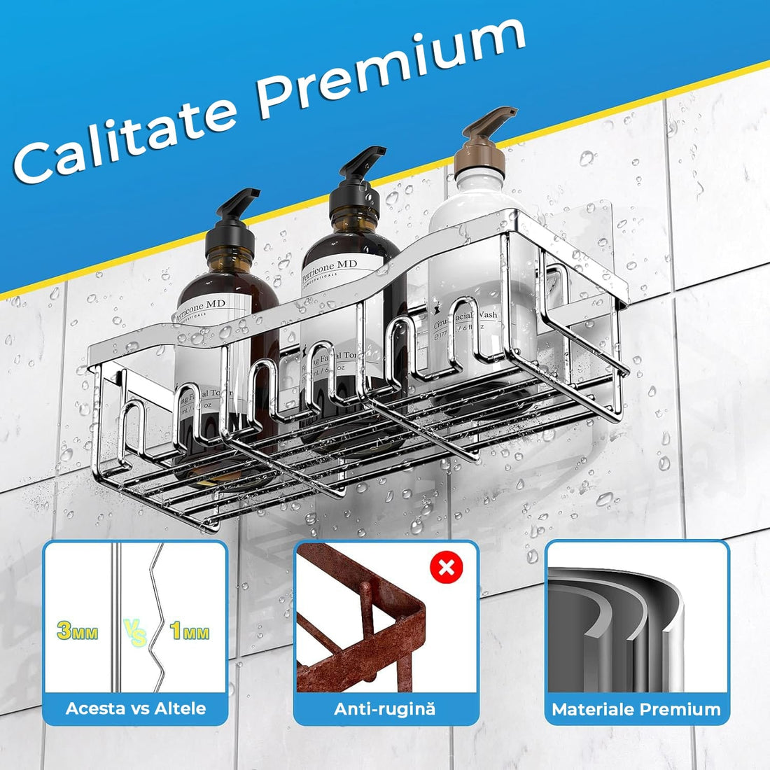 Raft pentru Duș și Organizator de Baie, Set de 5 Bucăți, Oțel Inoxidabil, Cu Adeziv, Fără Găuri, Argintiu