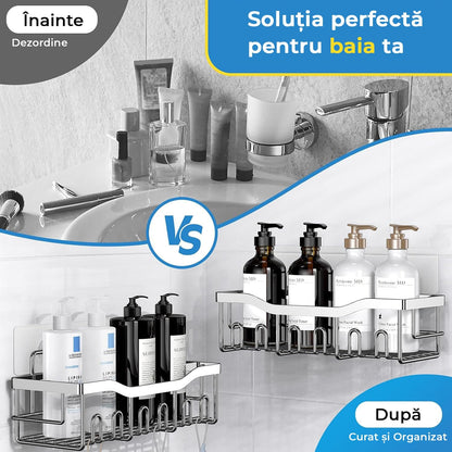 Raft pentru Duș și Organizator de Baie, Set de 5 Bucăți, Oțel Inoxidabil, Cu Adeziv, Fără Găuri, Argintiu