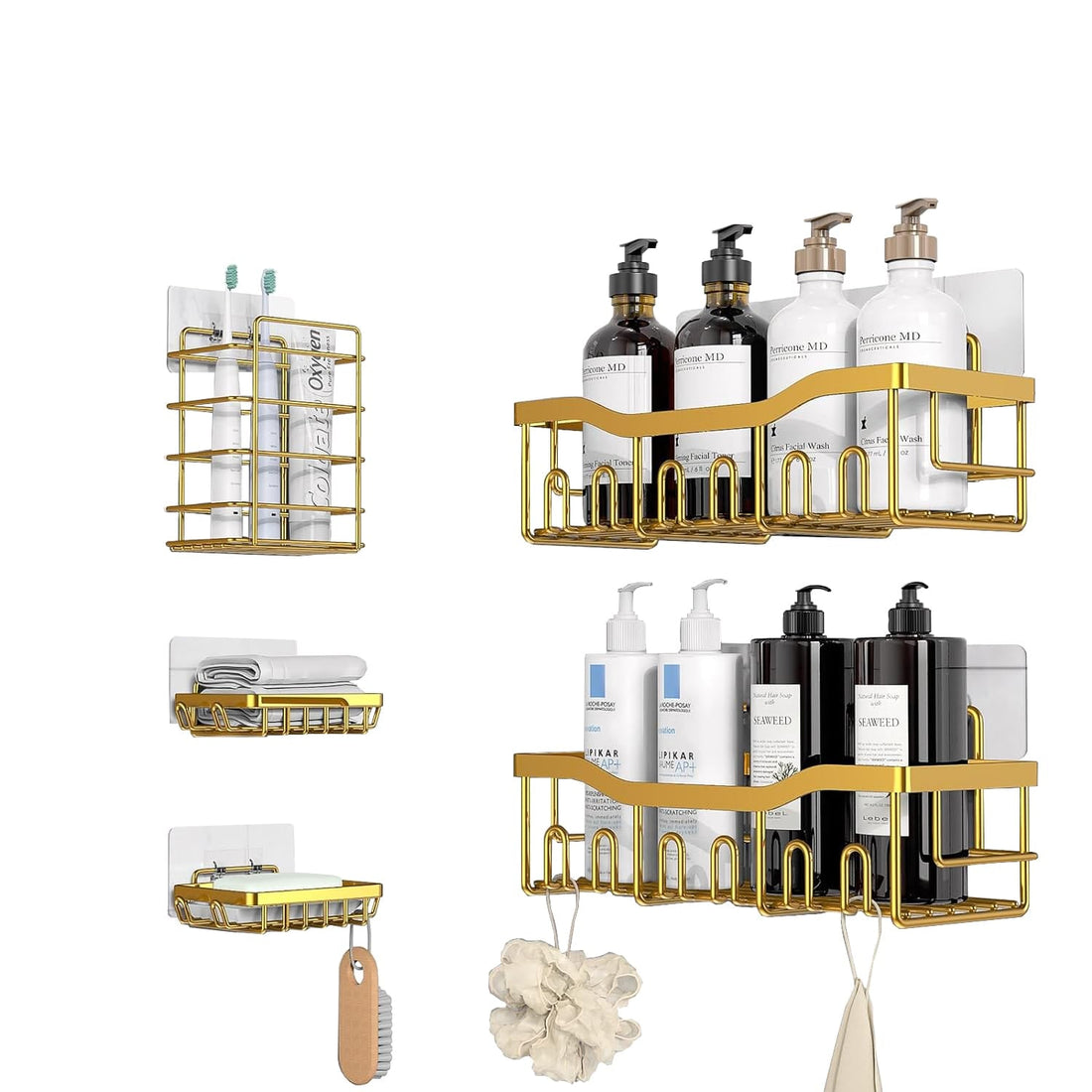 Raft pentru Duș și Organizator de Baie, Set de 5 Bucăți cu Adeziv, Fără Găuri, Auriu