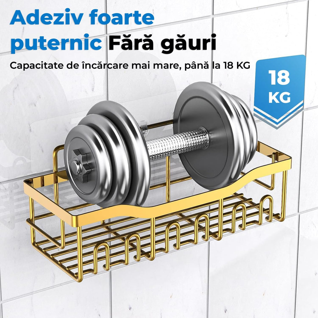 Raft pentru Duș și Organizator de Baie, Set de 5 Bucăți cu Adeziv, Fără Găuri, Auriu